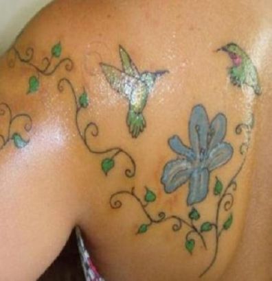 Hummingbird And Flower Vine Image Tattoo On Back